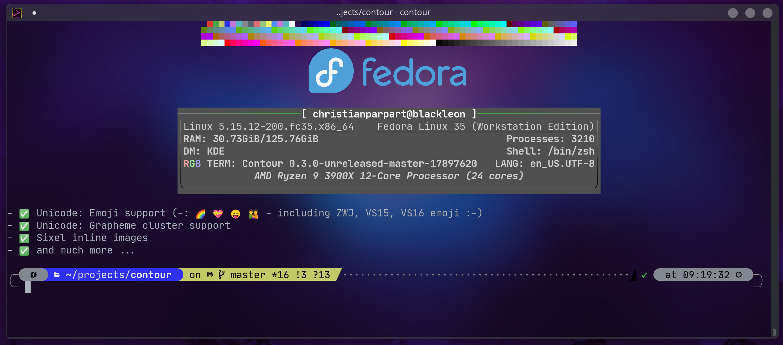 screenshot showcasing notcurses ncneofetch on KDE/Fedora